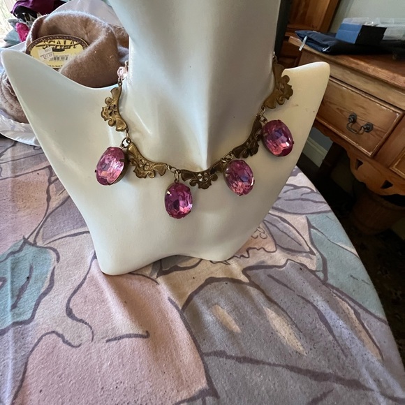 Vintage Necklace in Old Gold Filigree w/ Large Pink Prong Set Stones - Picture 1 of 4